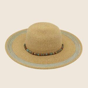 Hat Beaded Strap Straw Sun Hat Tan Turquoise and Brown Beads